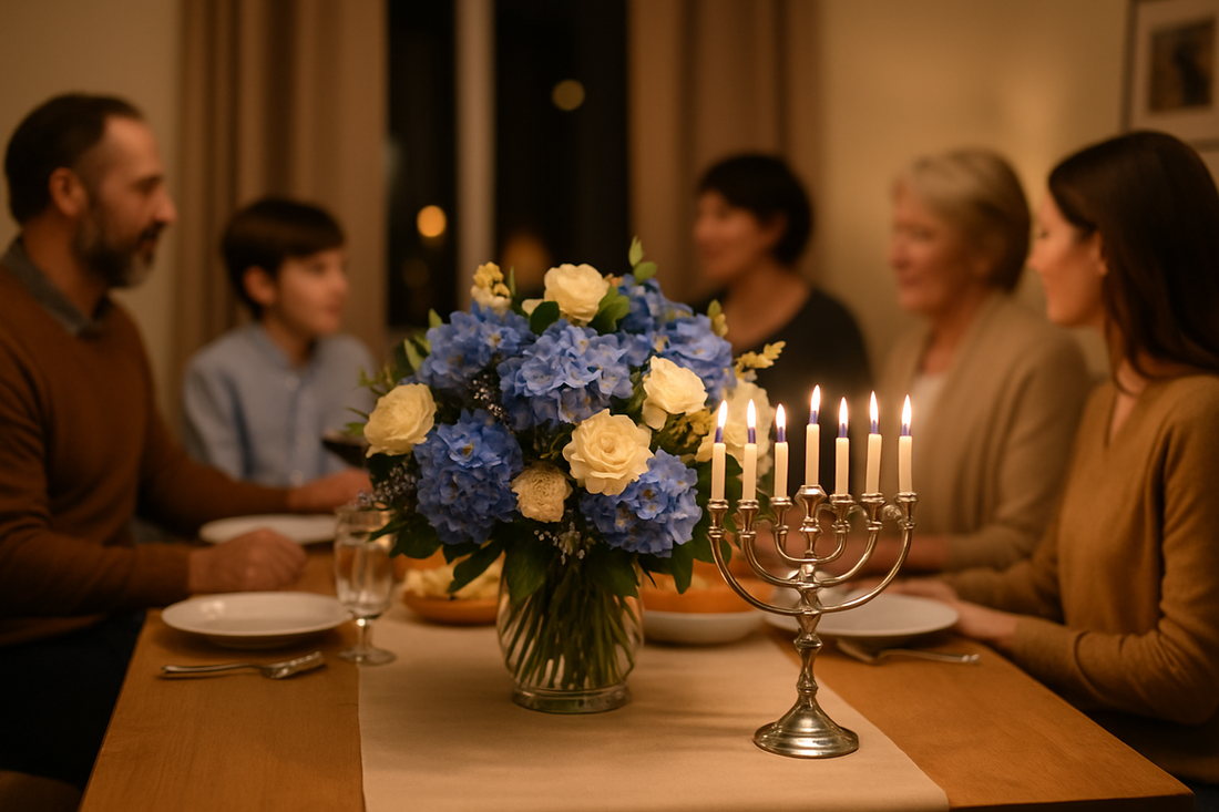 Blossoms of Light: Embrace Hanukkah with Elegant Blue and White Floral Arrangements